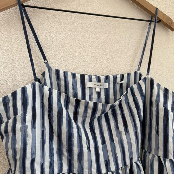 Vince Painterly Stripe Ruched Dress In Coastal Blue 14 - Picture 6 of 9